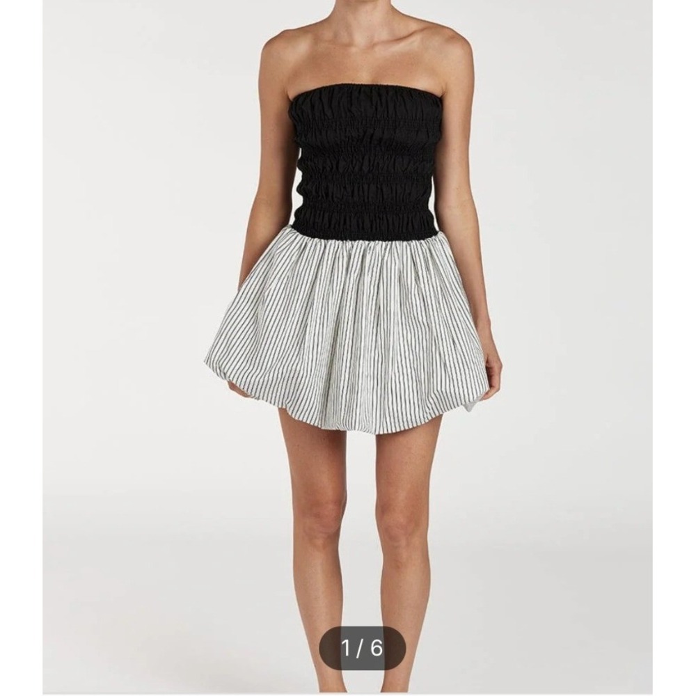 DISSH Stockholm Stripe Silk Blend Dress Womens 2 Black White New Smocked Bubble